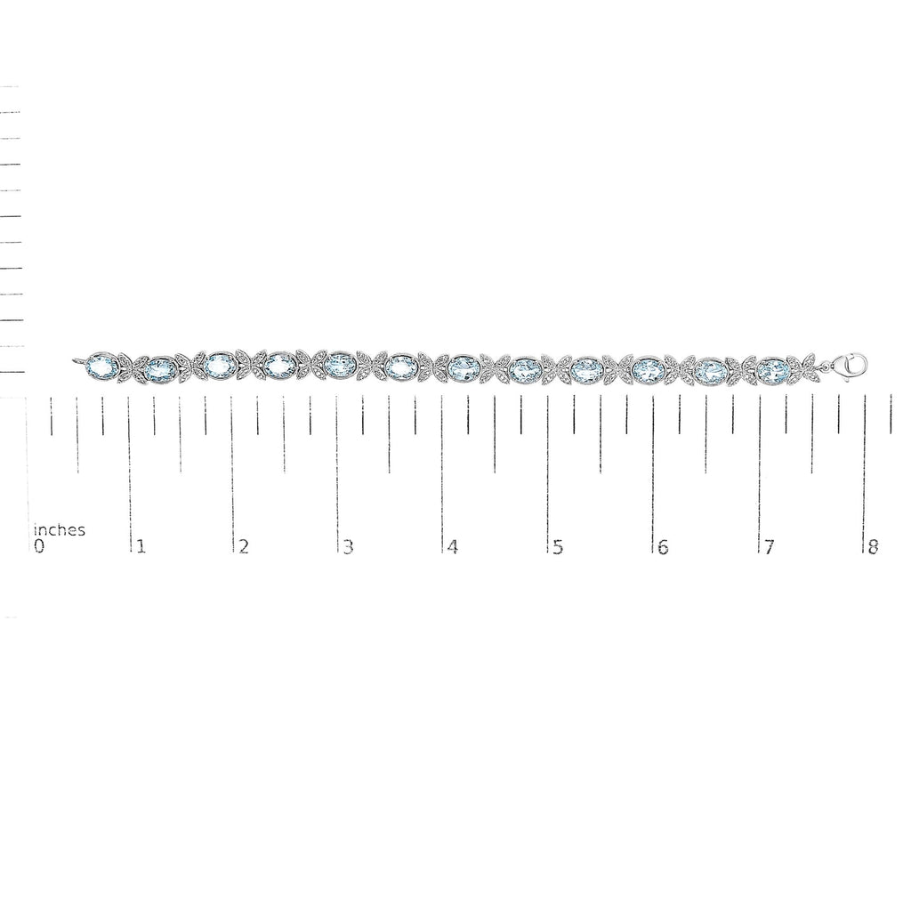 .925 Sterling Silver Oval Blue Topaz Diamond Butterfly Link Bracelet (I-J Color, I1-I2 Clarity) - Size 7" Inches