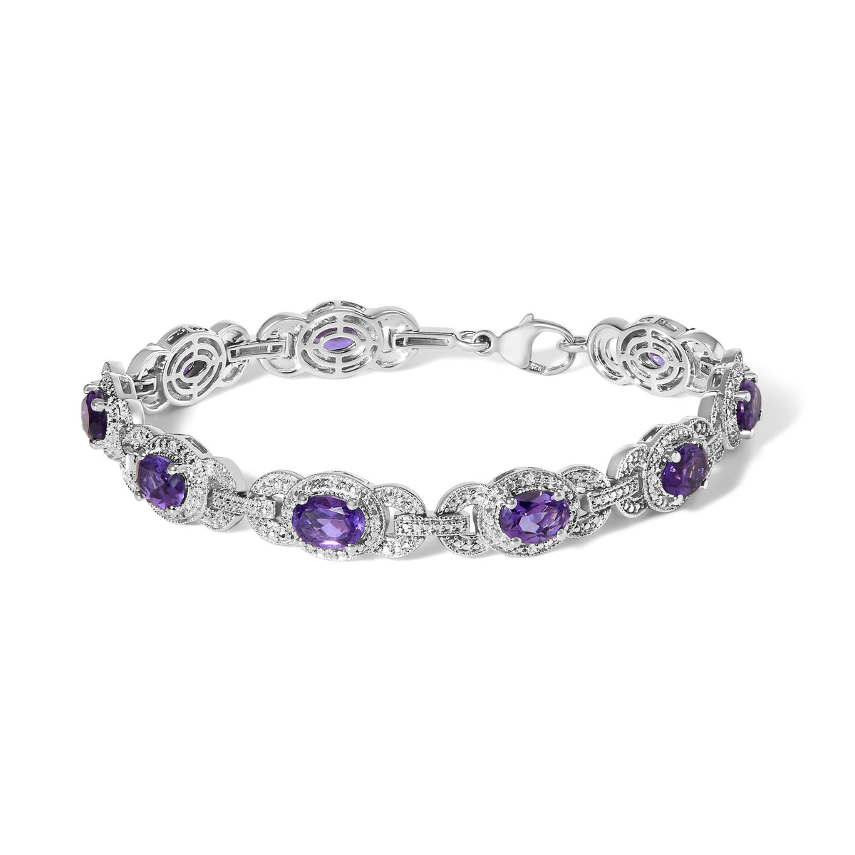 Sterling Silver Oval Purple Amethyst and Diamond Interlocking Halo Link Bracelet-0