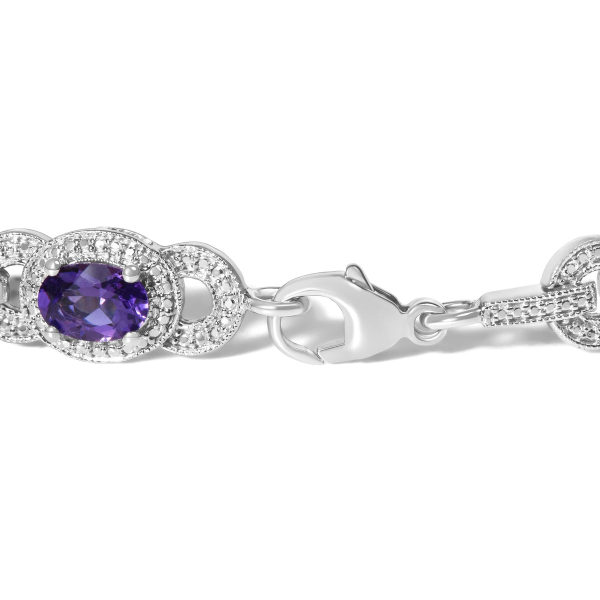 Sterling Silver Oval Purple Amethyst and Diamond Interlocking Halo Link Bracelet-1