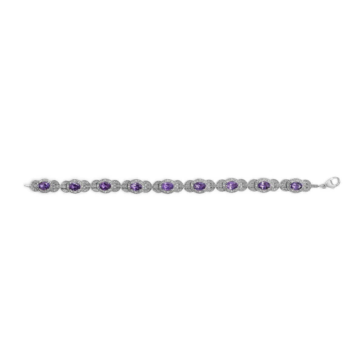 Sterling Silver Oval Purple Amethyst and Diamond Interlocking Halo Link Bracelet-3