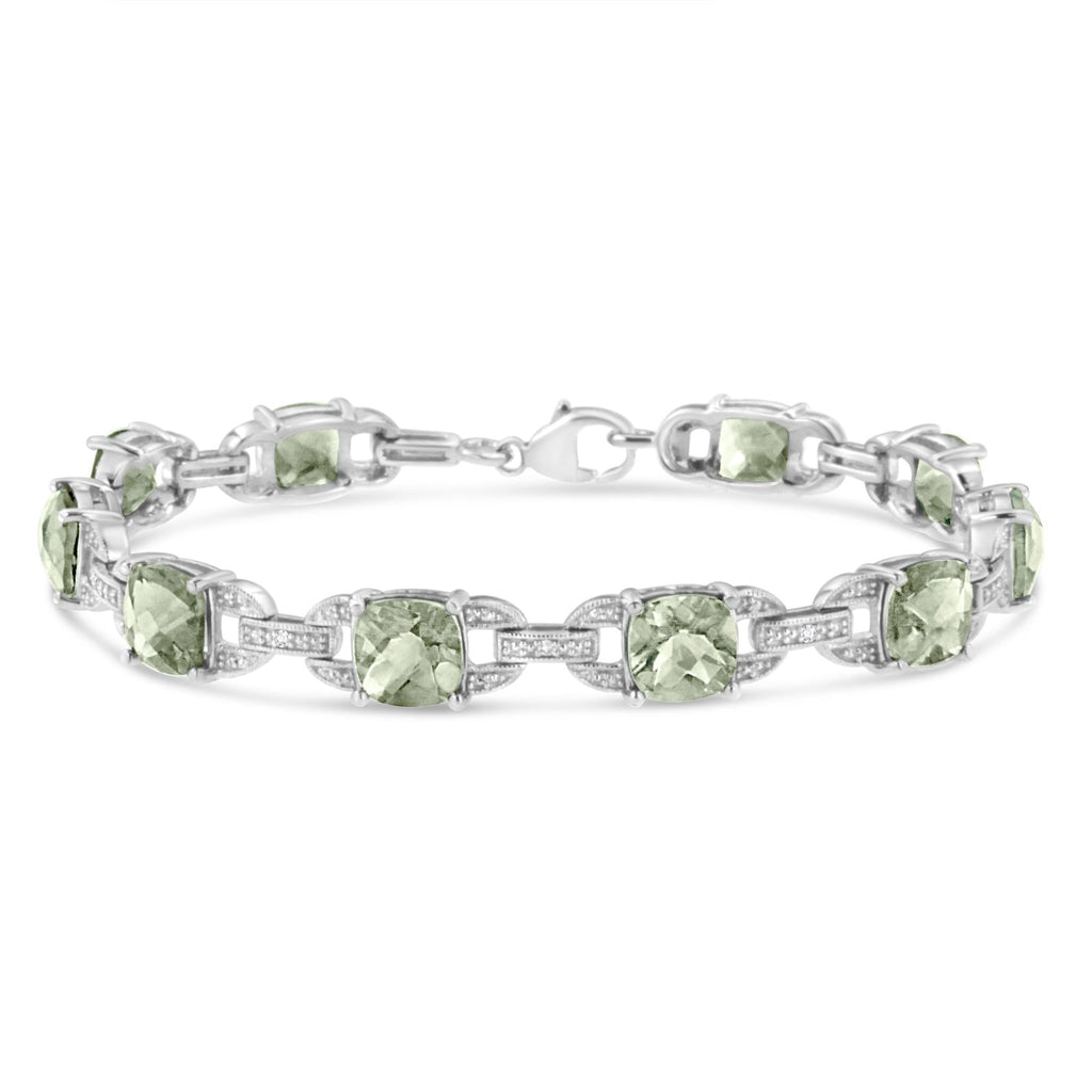 .925 Sterling Silver 7x7 mm Cushion Cut Green Amethyst and 1/20 cttw Round Cut Diamond Fashion Tennis Bracelet (I-J Color, I1-I2 Clarity) - 7"-0