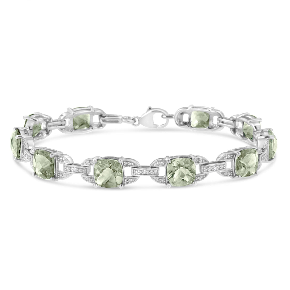 .925 Sterling Silver 7x7 mm Cushion Cut Green Amethyst and 1/20 cttw Round Cut Diamond Fashion Tennis Bracelet (I-J Color, I1-I2 Clarity) - 7"-0