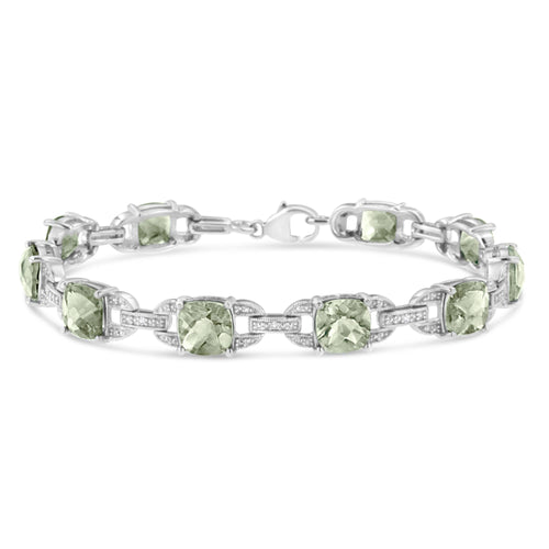 .925 Sterling Silver 7x7 mm Cushion Cut Green Amethyst and 1/20 cttw Round Cut Diamond Fashion Tennis Bracelet (I-J Color, I1-I2 Clarity) - 7"-0