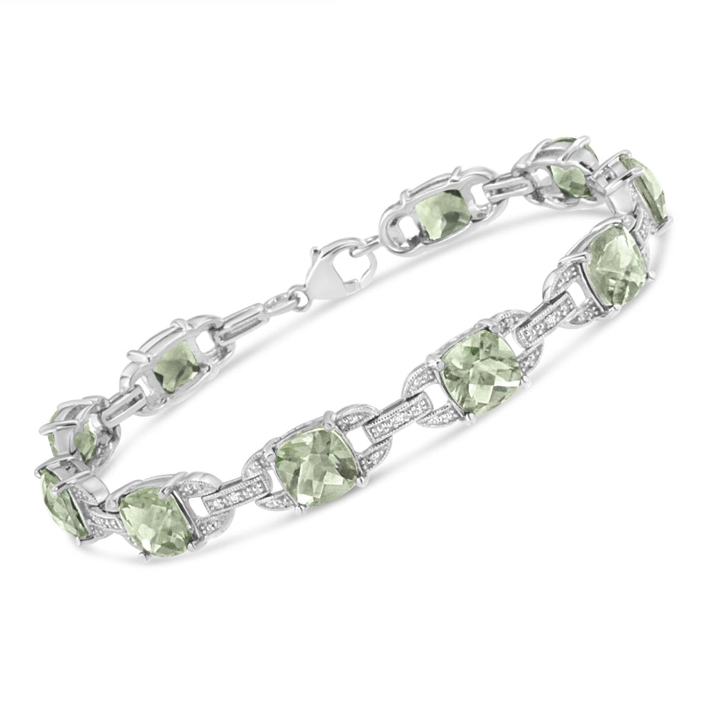 .925 Sterling Silver 7x7 mm Cushion Cut Green Amethyst and 1/20 cttw Round Cut Diamond Fashion Tennis Bracelet (I-J Color, I1-I2 Clarity) - 7"-1