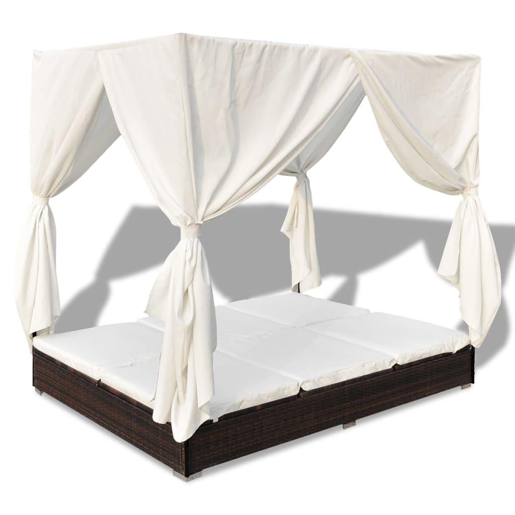 NNEVL Outdoor Lounge Bed with Curtains Poly Rattan Brown-1