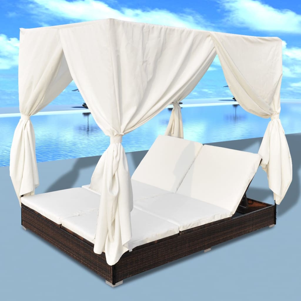 NNEVL Outdoor Lounge Bed with Curtains Poly Rattan Brown-2