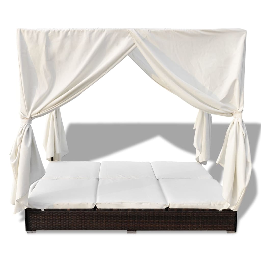 NNEVL Outdoor Lounge Bed with Curtains Poly Rattan Brown-3