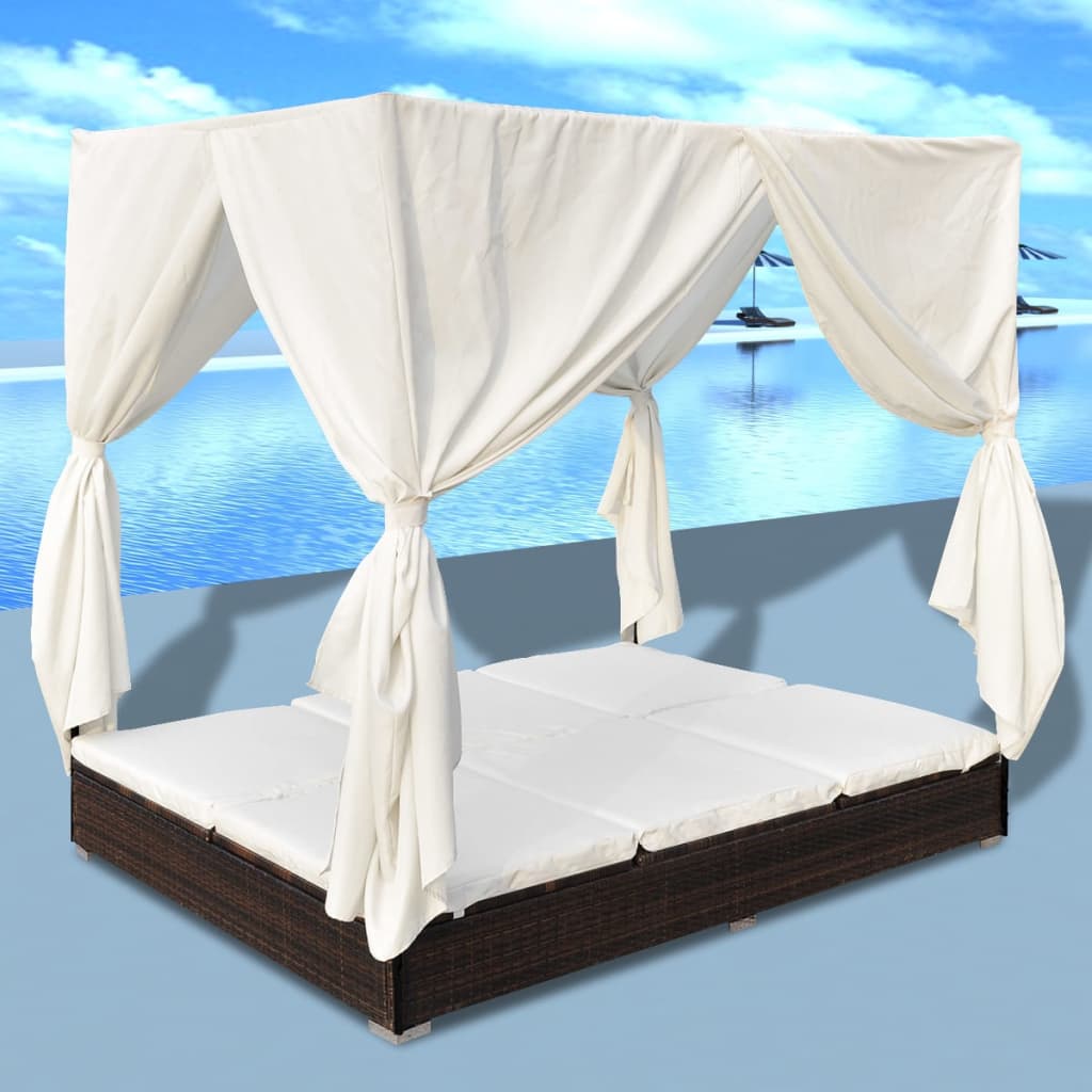 NNEVL Outdoor Lounge Bed with Curtains Poly Rattan Brown-0