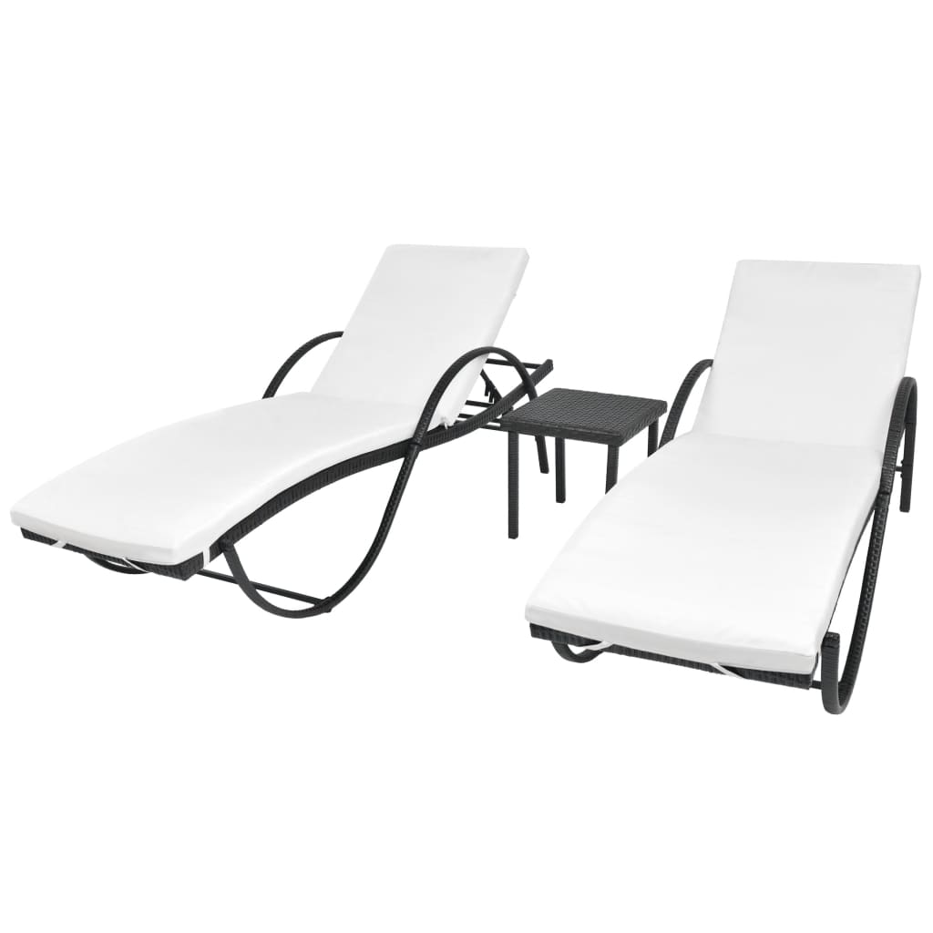 NNEVL Sun Loungers 2 pcs with Table Poly Rattan Black (42884+42886)-0