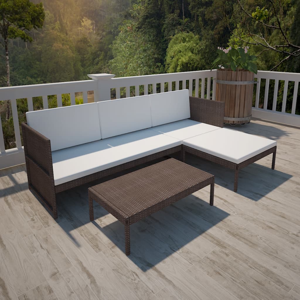 NNEVL 3 Piece Garden Lounge Set with Cushions Poly Rattan Brown-0