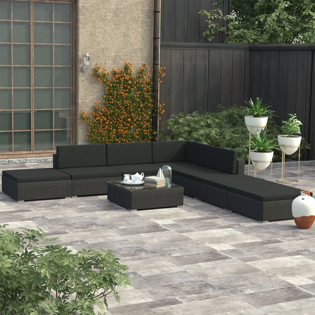 NNEVL 8 Piece Garden Lounge Set with Cushions Poly Rattan Black-0