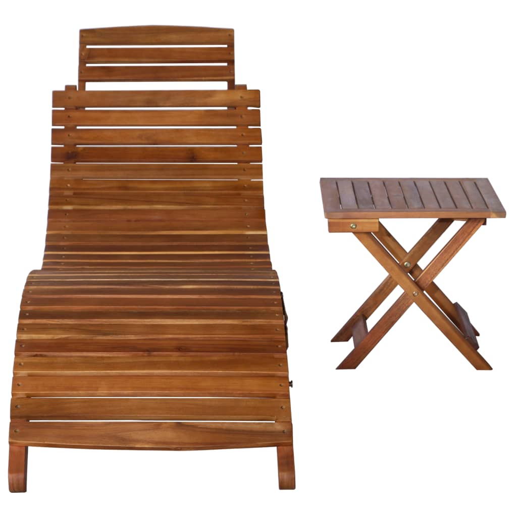 NNEVL Sunlounger with Table Solid Acacia Wood Brown-1