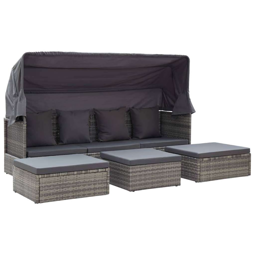 NNEVL Garden Lounge Bed with Roof Mixed Grey Poly Rattan-1
