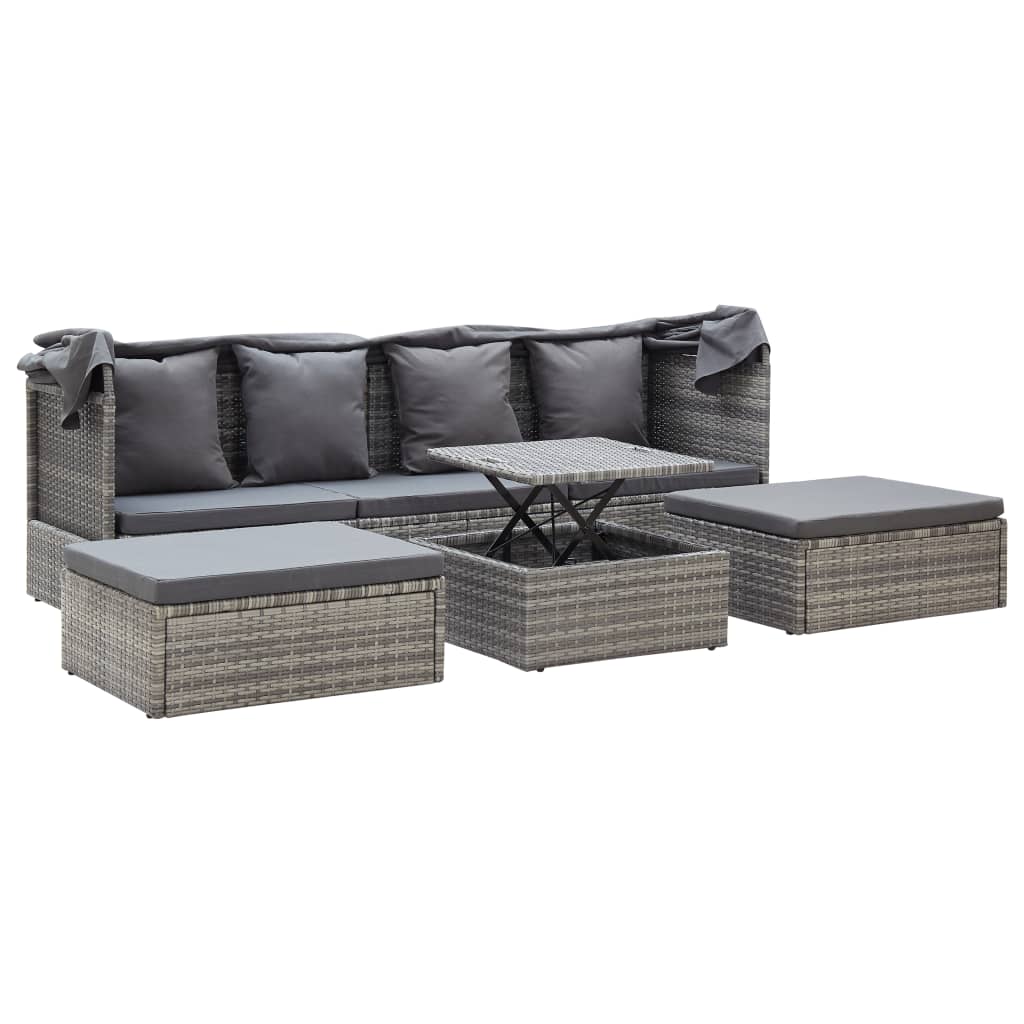 NNEVL Garden Lounge Bed with Roof Mixed Grey Poly Rattan-4