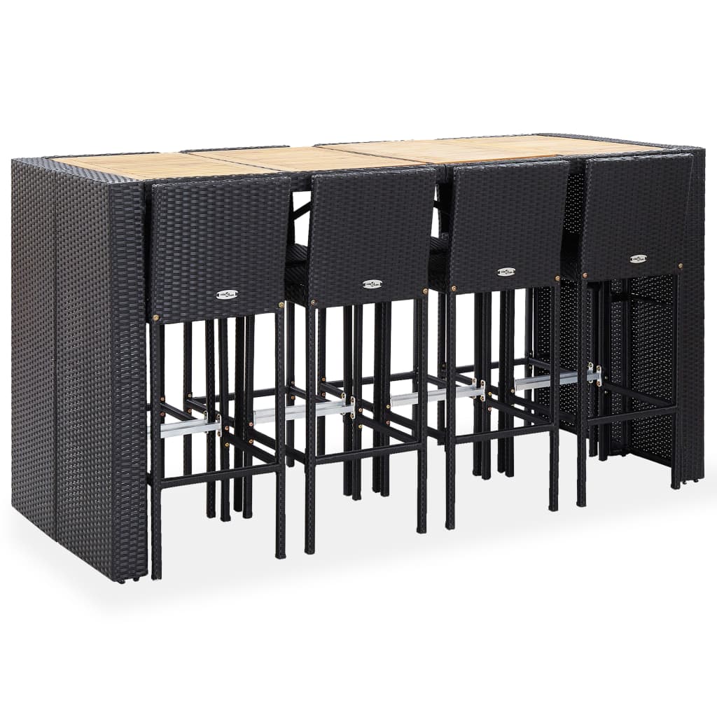 NNEVL 9 Piece Outdoor Bar Set Poly Rattan and Acacia Wood Black-1