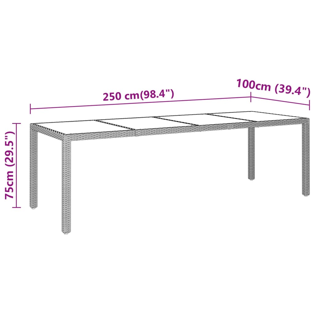 NNEVL Garden Table 250x100x75 cm Tempered Glass and Poly Rattan Grey-4