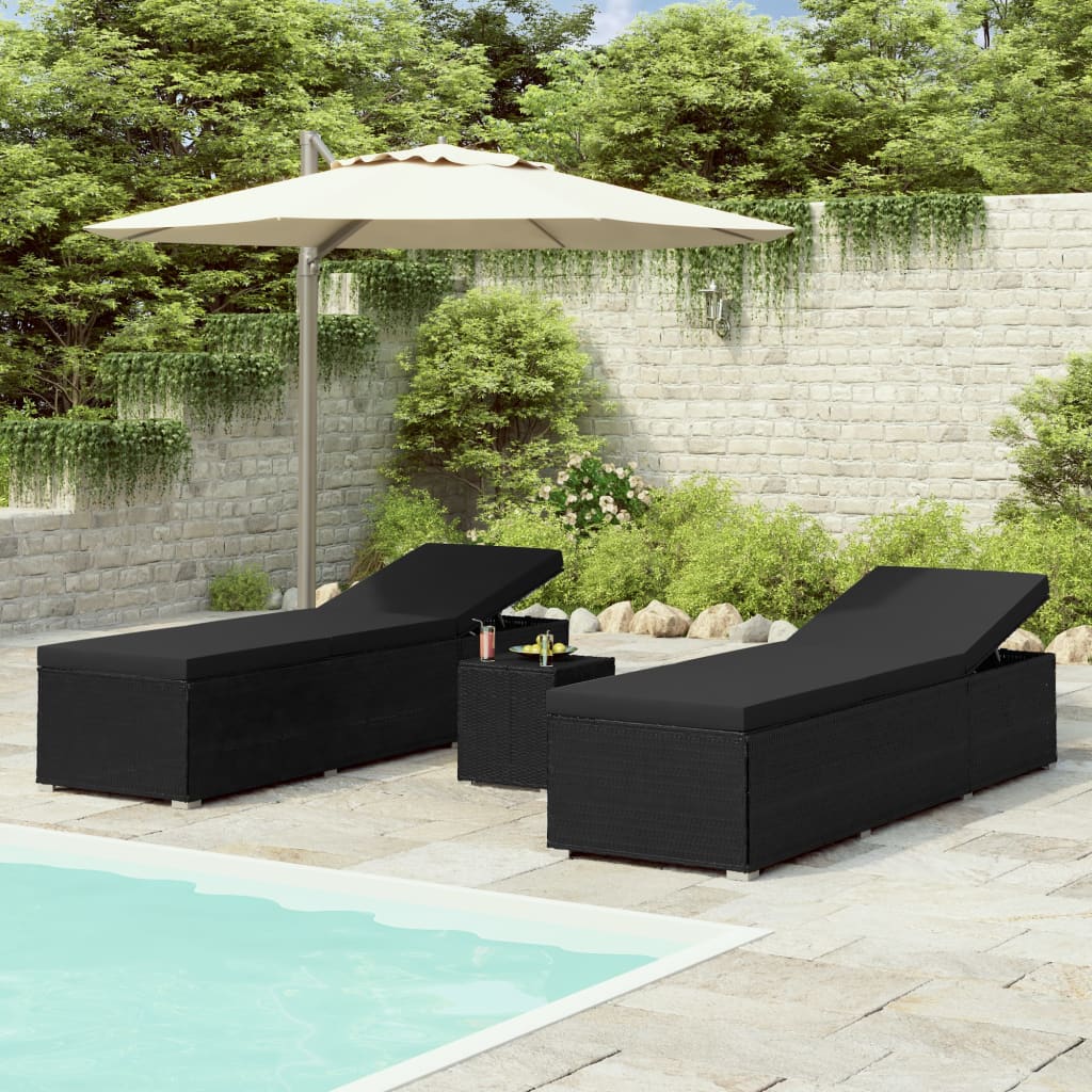 NNEVL 3 Piece Garden Sun Loungers with Tea Table Poly Rattan Black-0