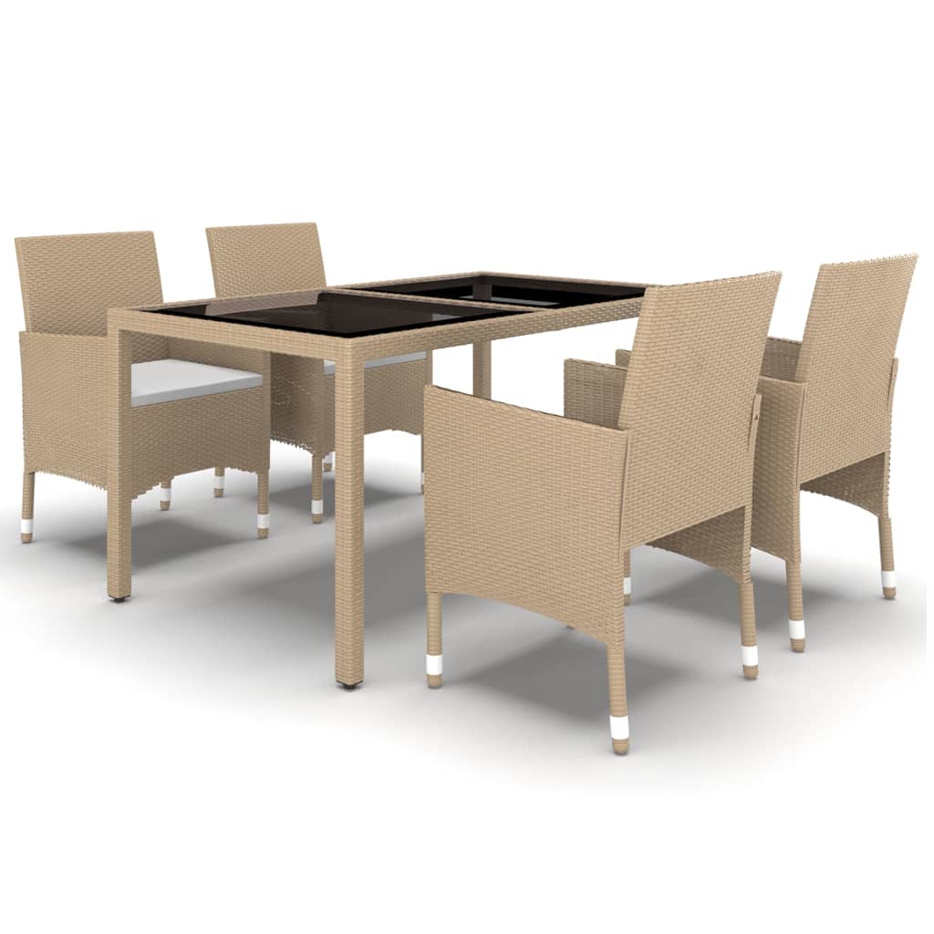 NNEVL 5 Piece Garden Dining Set Poly Rattan and Tempered Glass Beige-1