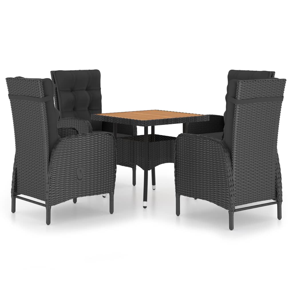 NNEVL 5 Piece Garden Dining Set Poly Rattan and Acacia Wood Black-1