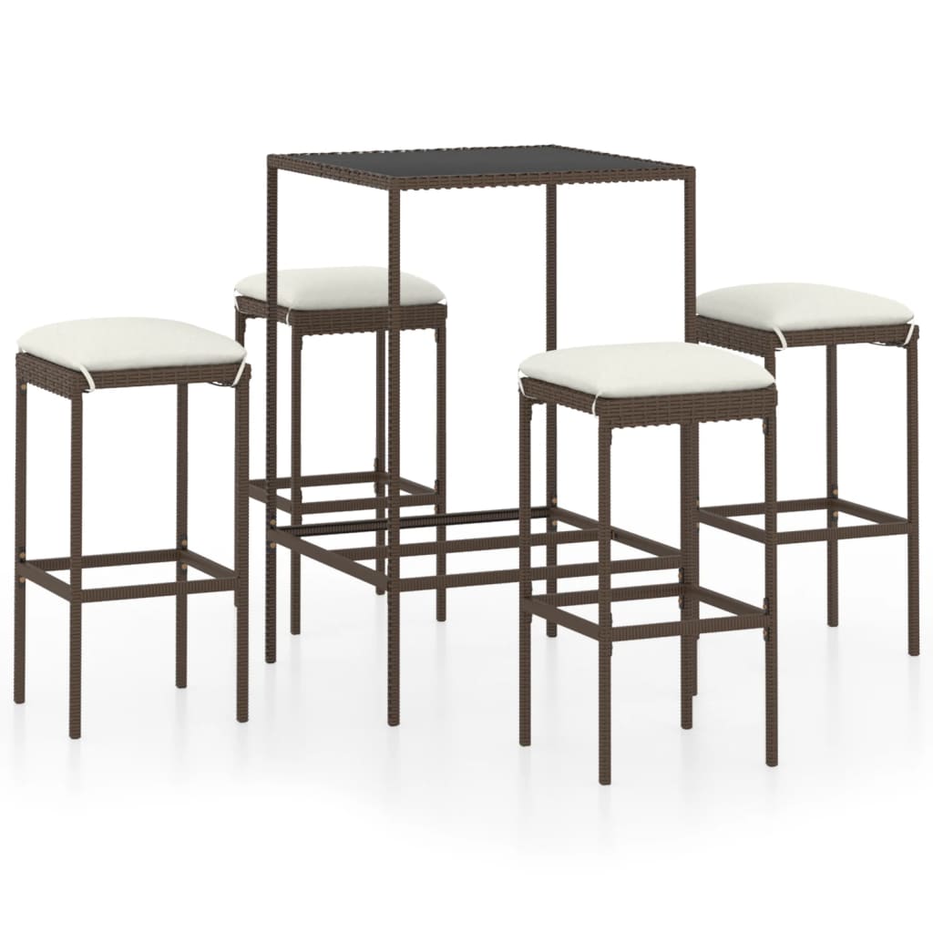 NNEVL 5 Piece Garden Bar Set with Cushions Poly Rattan Brown-1