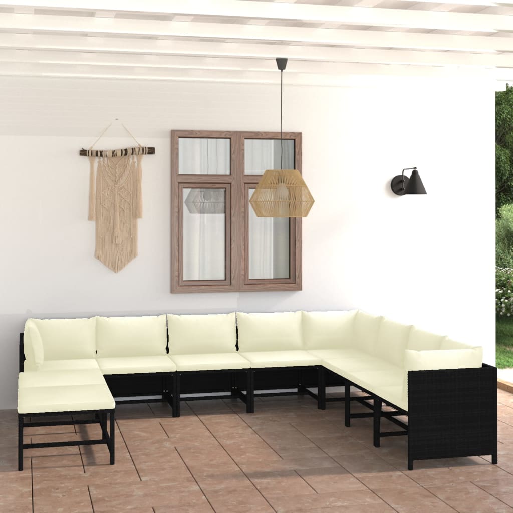 NNEVL 11 Piece Garden Lounge Set with Cushions Poly Rattan Black-0
