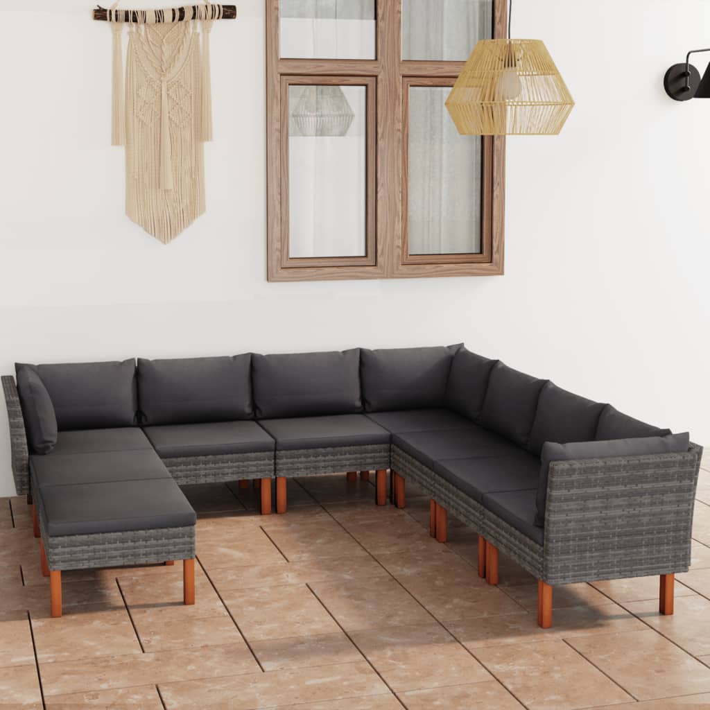 NNEVL 9 Piece Garden Lounge Set with Cushions Poly Rattan Grey-0