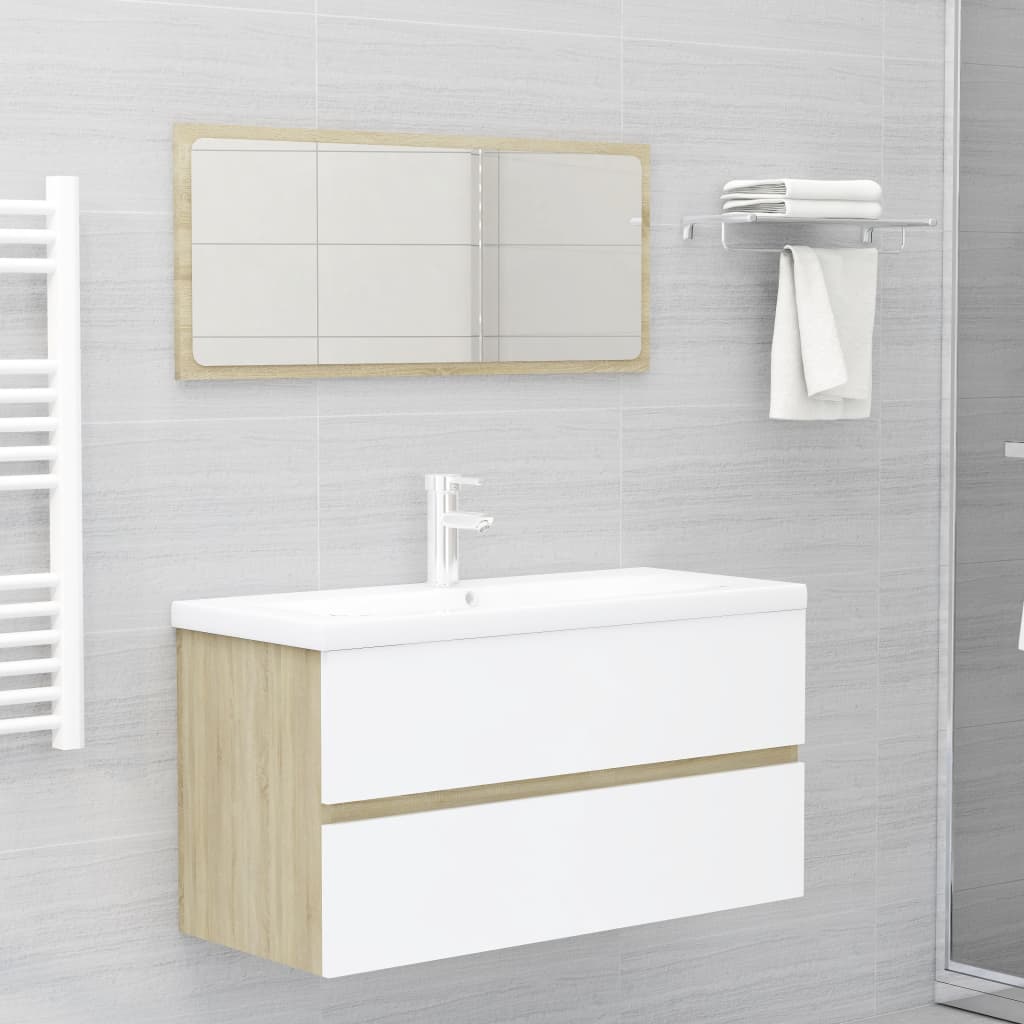 NNEVL Bathroom Furniture Set White and Sonoma Oak Chipboard-0
