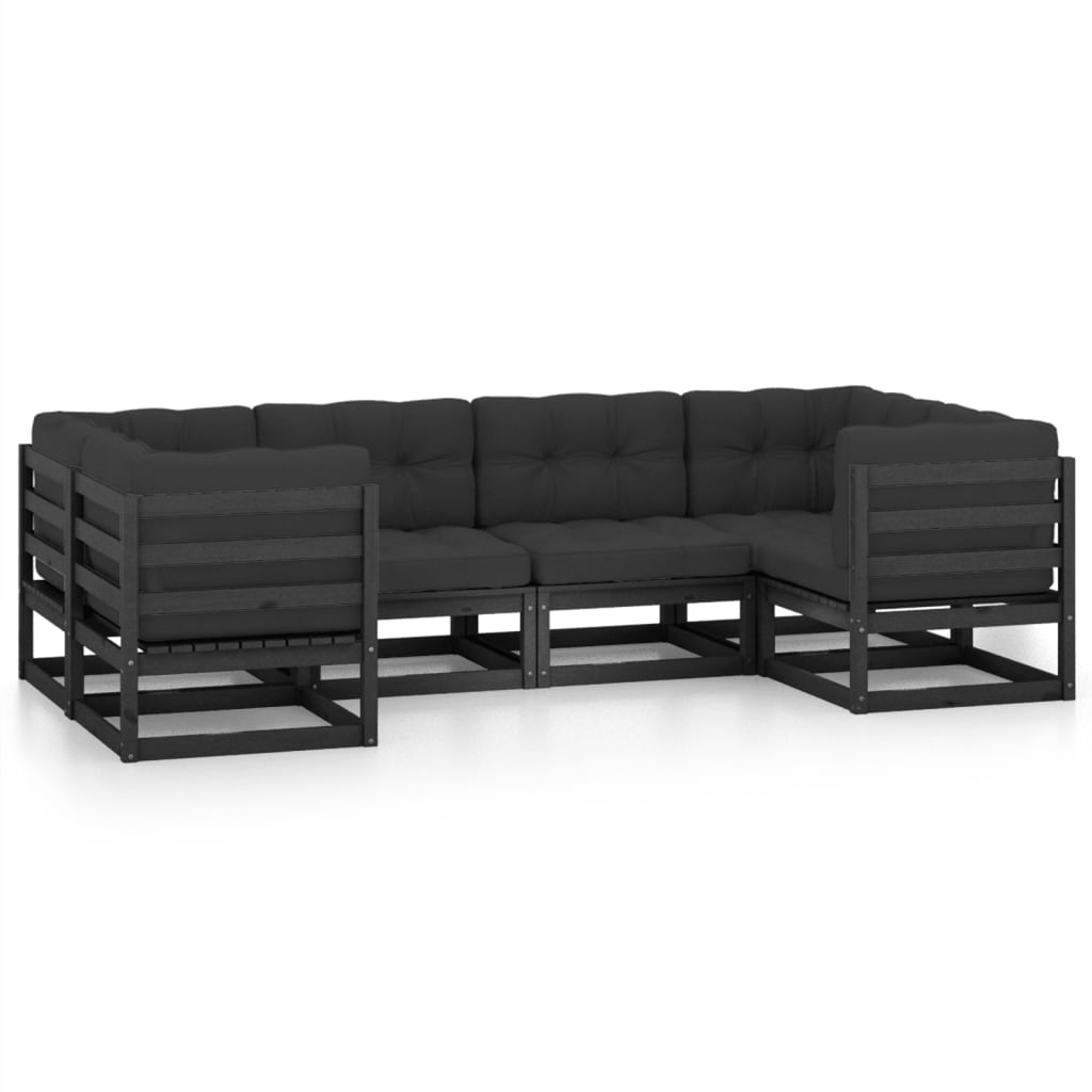 NNEVL 6 Piece Garden Lounge Set with Cushions Black Solid Pinewood-1