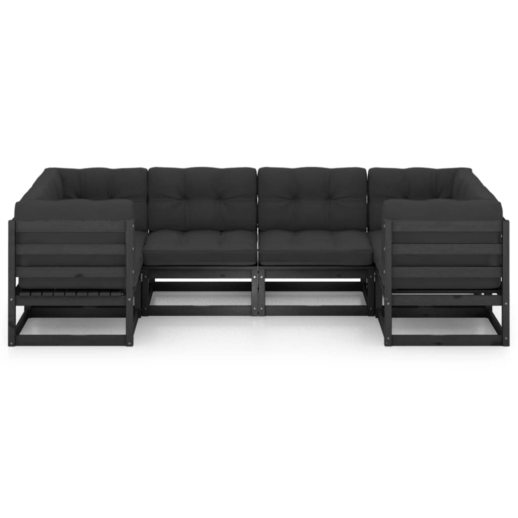 NNEVL 6 Piece Garden Lounge Set with Cushions Black Solid Pinewood-2