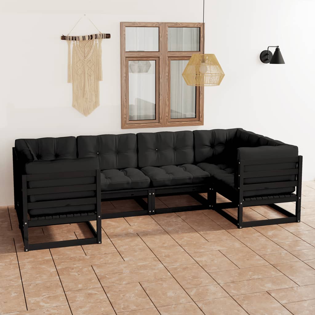 NNEVL 6 Piece Garden Lounge Set with Cushions Black Solid Pinewood-0