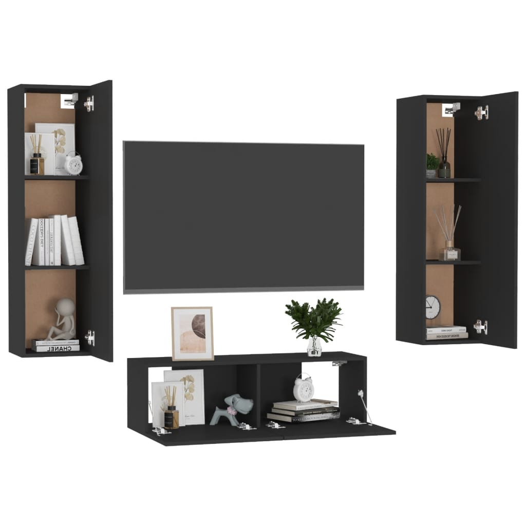 NNEVL 3 Piece TV Cabinet Set Black Chipboard-2