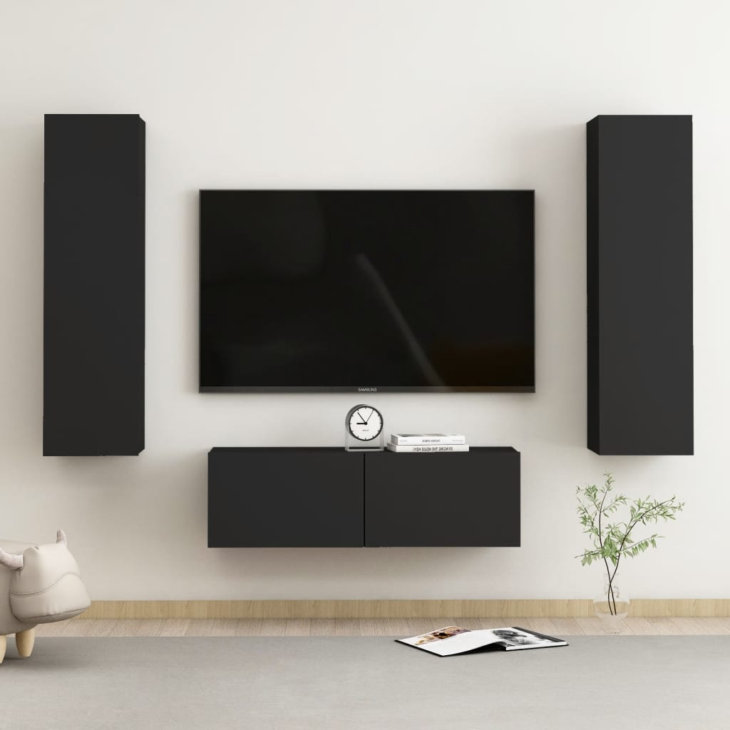 NNEVL 3 Piece TV Cabinet Set Black Chipboard-0