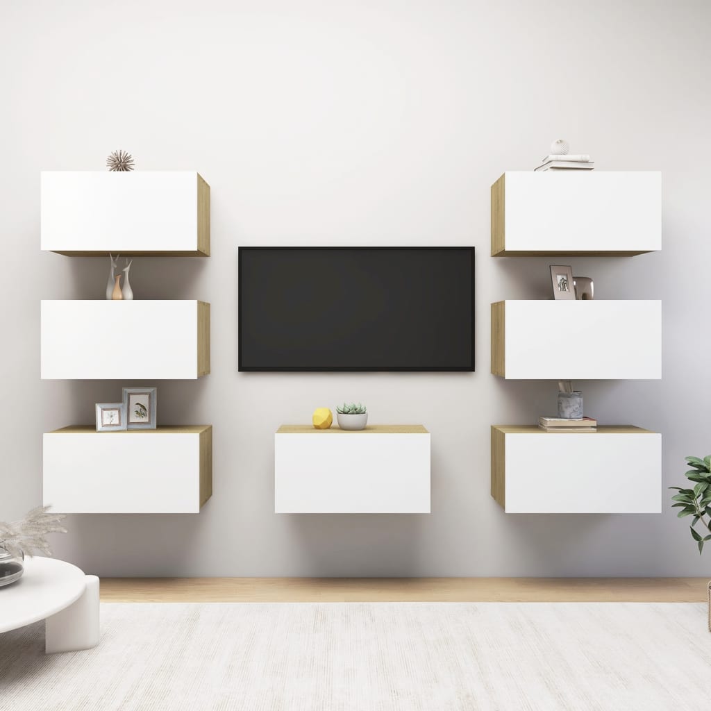 NNEVL TV Cabinets 7 pcs White and Sonoma Oak 30.5x30x60 cm Chipboard-0