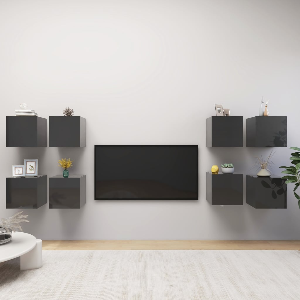 NNEVL Wall Mounted TV Cabinets 8 pcs High Gloss Grey 30.5x30x30 cm-0
