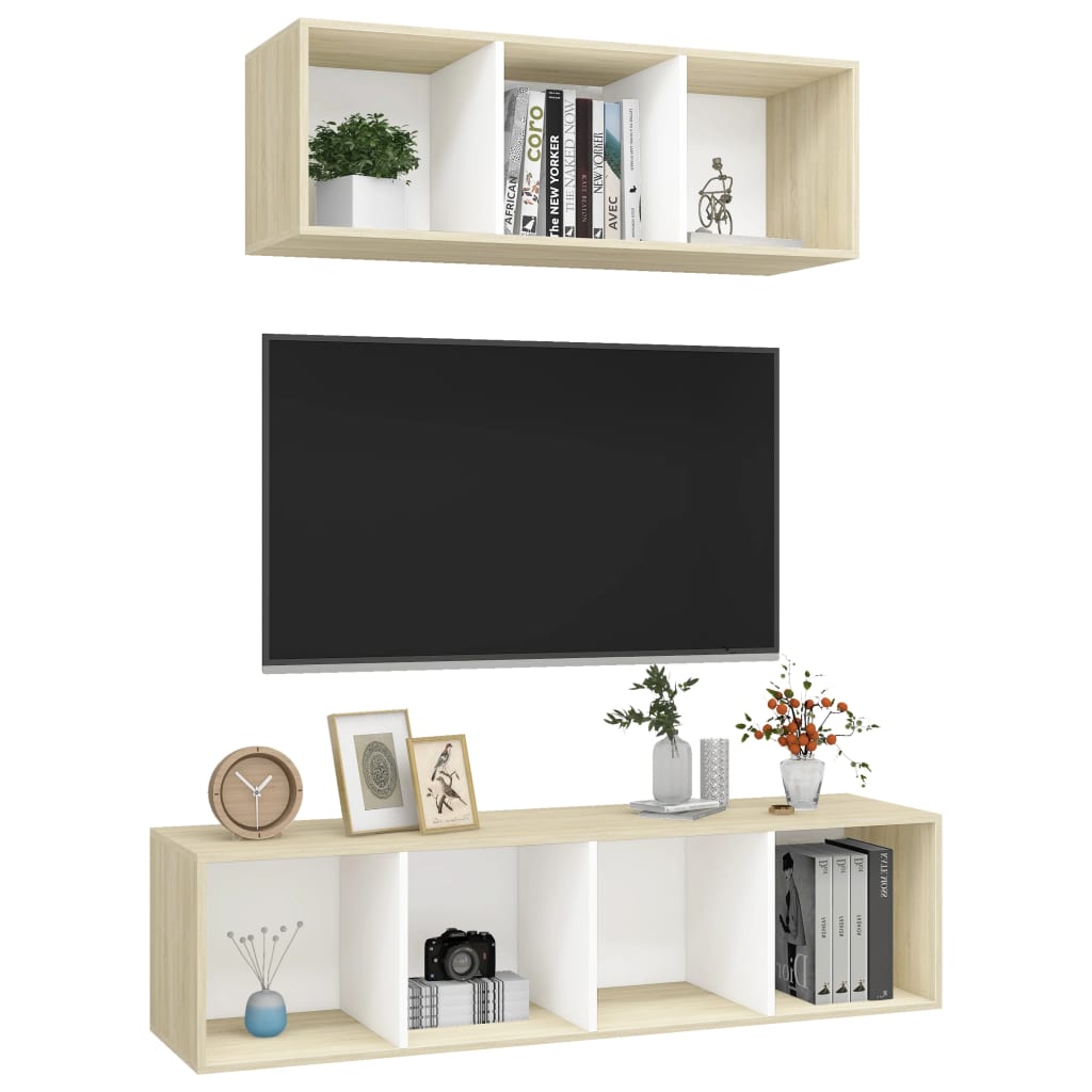 NNEVL 2 Piece TV Cabinet Set White and Sonoma Oak Chipboard-2