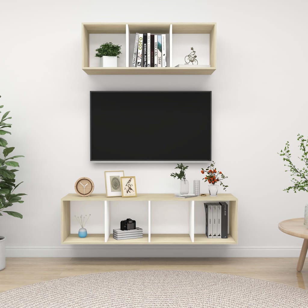 NNEVL 2 Piece TV Cabinet Set White and Sonoma Oak Chipboard-0