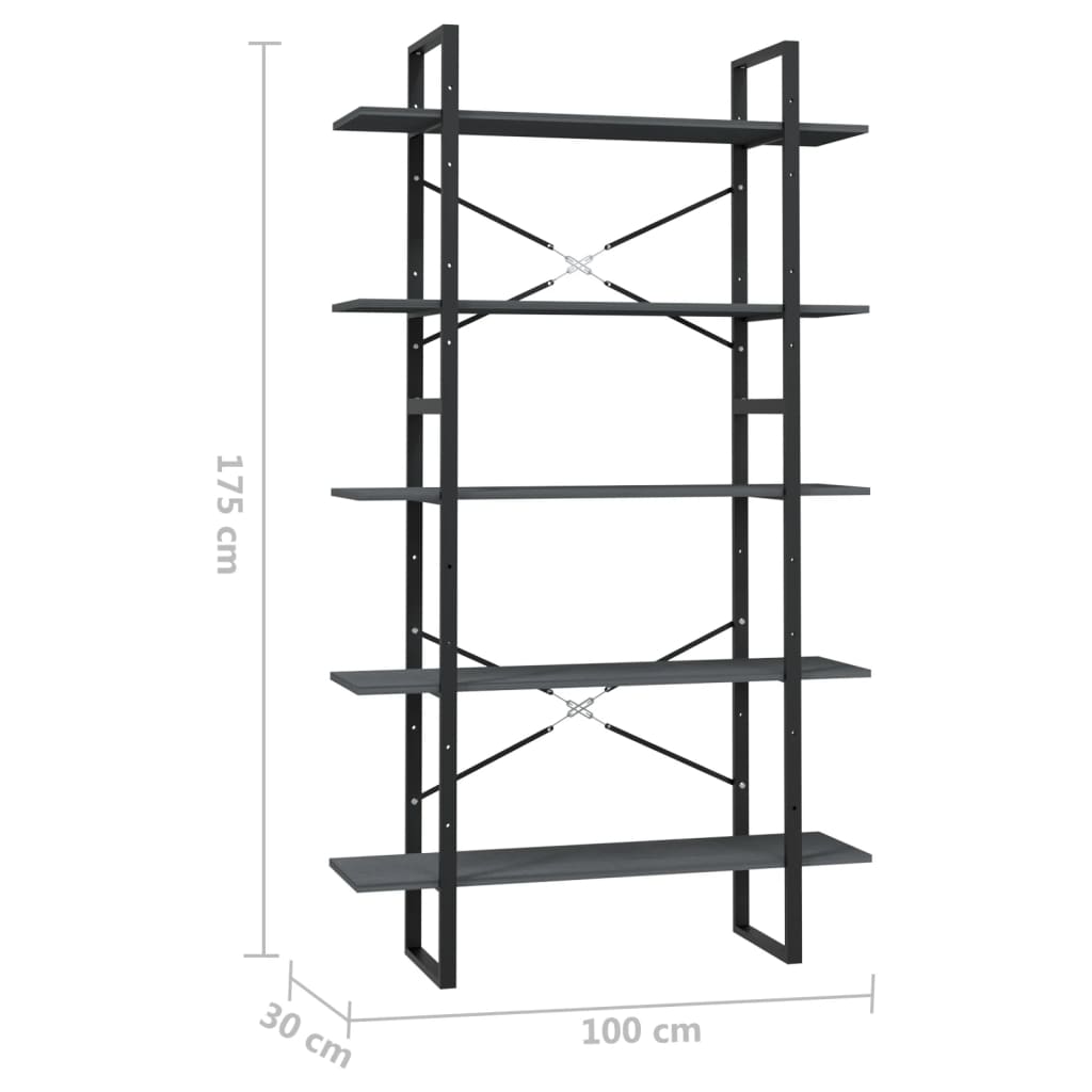 NNEVL 5-Tier Book Cabinet Grey 100x30x175 cm Pinewood-4