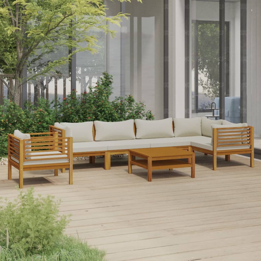 NNEVL 7 Piece Garden Lounge Set with Cream Cushion Solid Acacia Wood