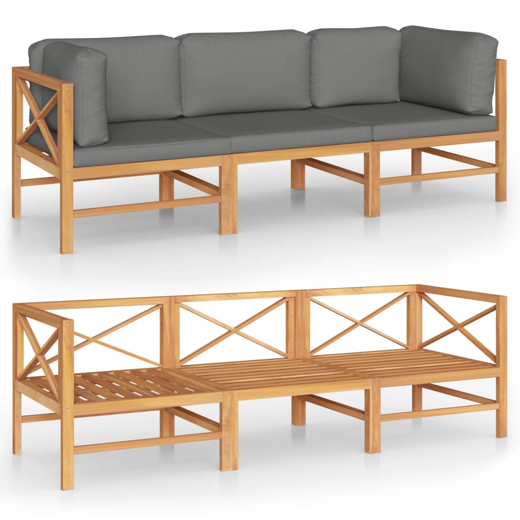 NNEVL 3-Seater Garden Sofa with Grey Cushions Solid Teak Wood-1