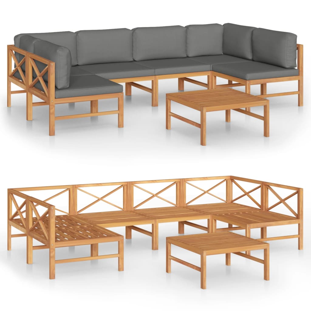 NNEVL 7 Piece Garden Lounge Set with Grey Cushions Solid Teak Wood-1
