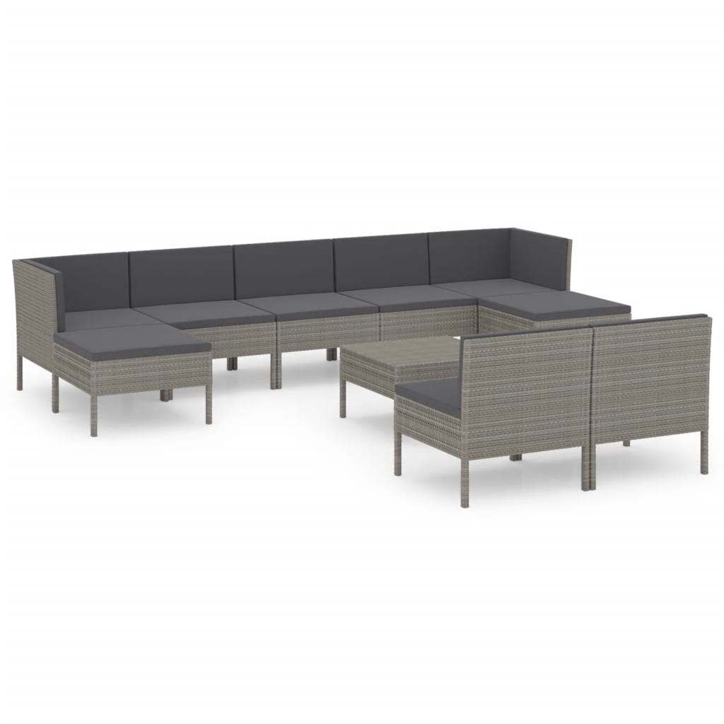 NNEVL 10 Piece Garden Lounge Set with Cushions Poly Rattan Grey-1