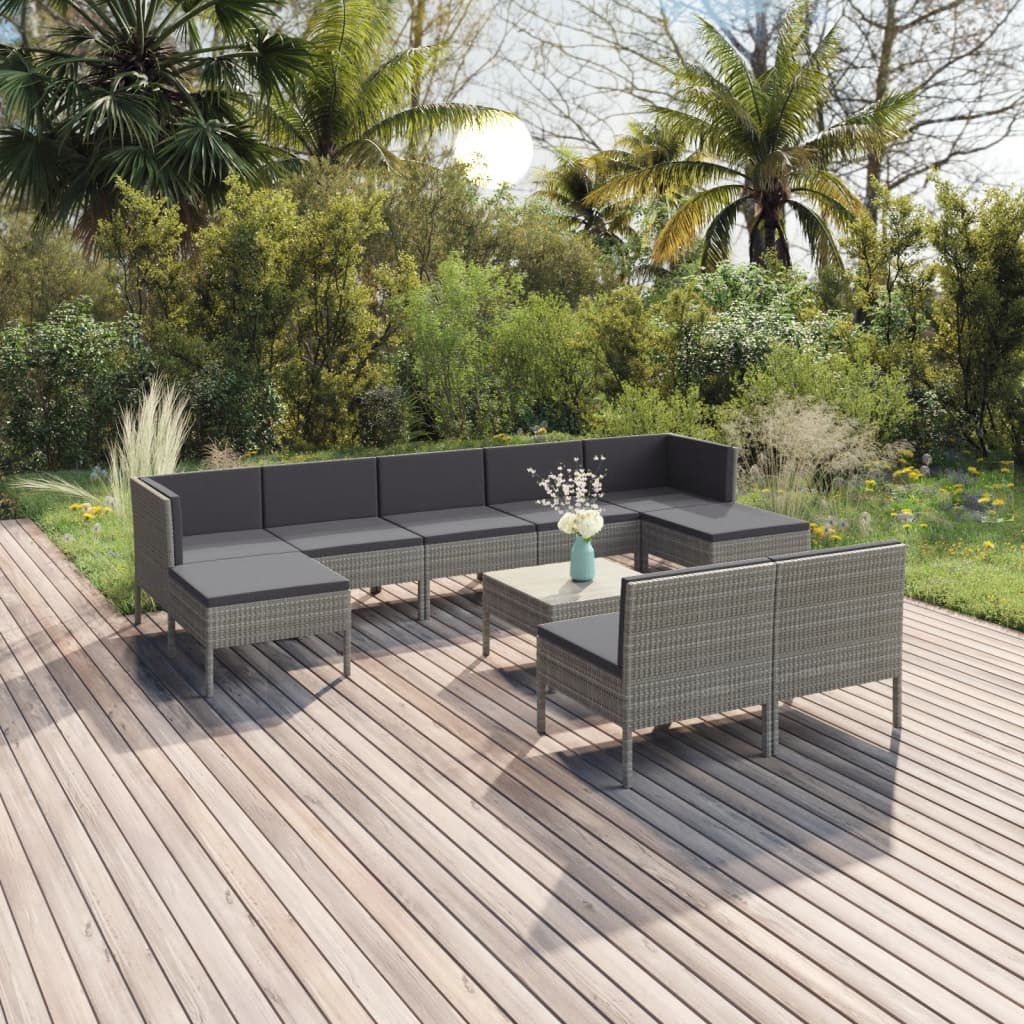NNEVL 10 Piece Garden Lounge Set with Cushions Poly Rattan Grey-0