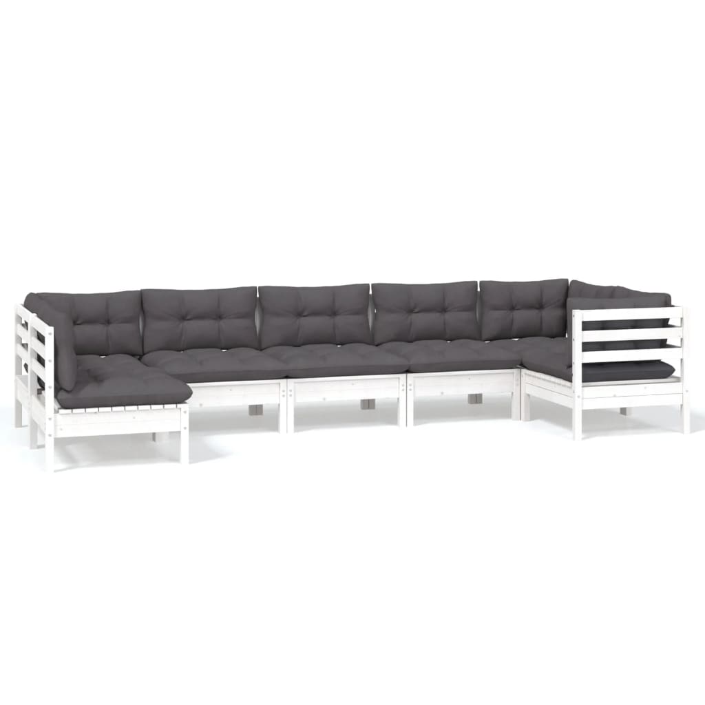 NNEVL 7 Piece Garden Lounge Set with Cushions White Pinewood-1
