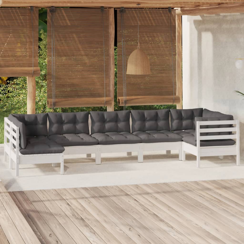 NNEVL 7 Piece Garden Lounge Set with Cushions White Pinewood-0