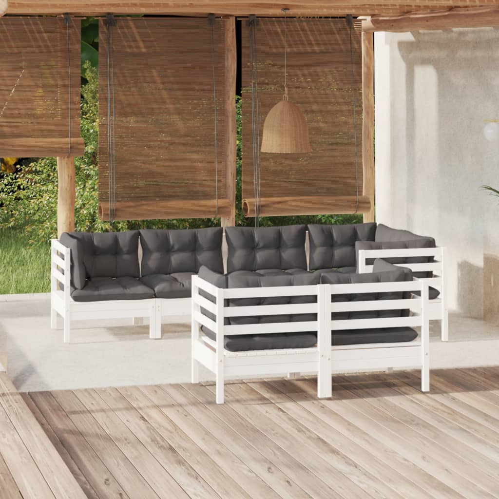 NNEVL 7 Piece Garden Lounge Set with Cushions White Solid Pinewood-0