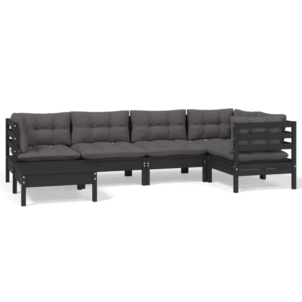 NNEVL 6 Piece Garden Lounge Set with Cushions Black Solid Pinewood-1