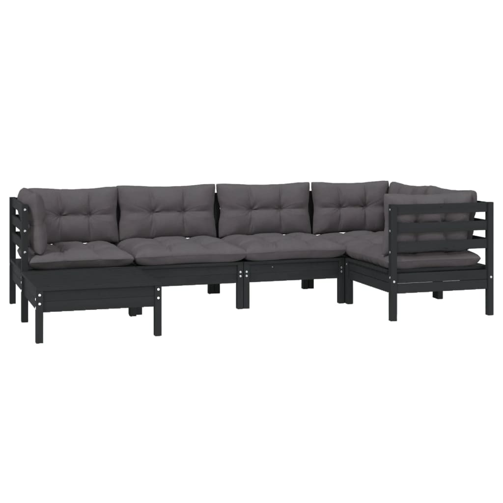 NNEVL 6 Piece Garden Lounge Set with Cushions Black Solid Pinewood-2