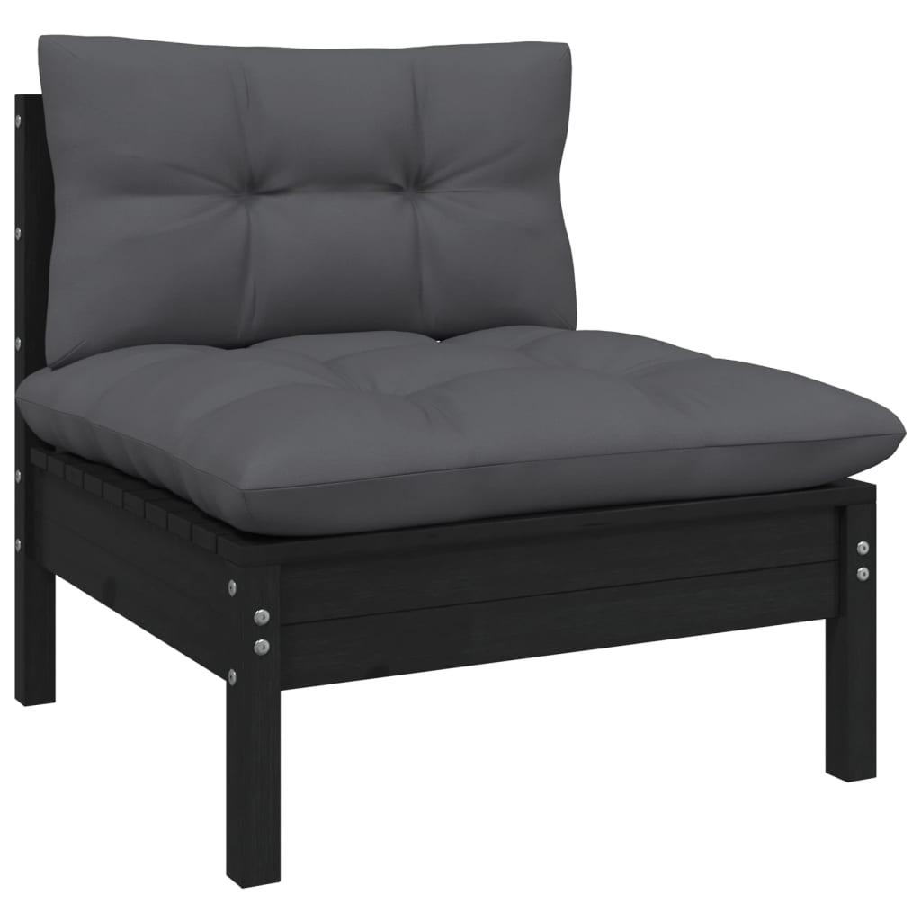 NNEVL 6 Piece Garden Lounge Set with Cushions Black Solid Pinewood-3