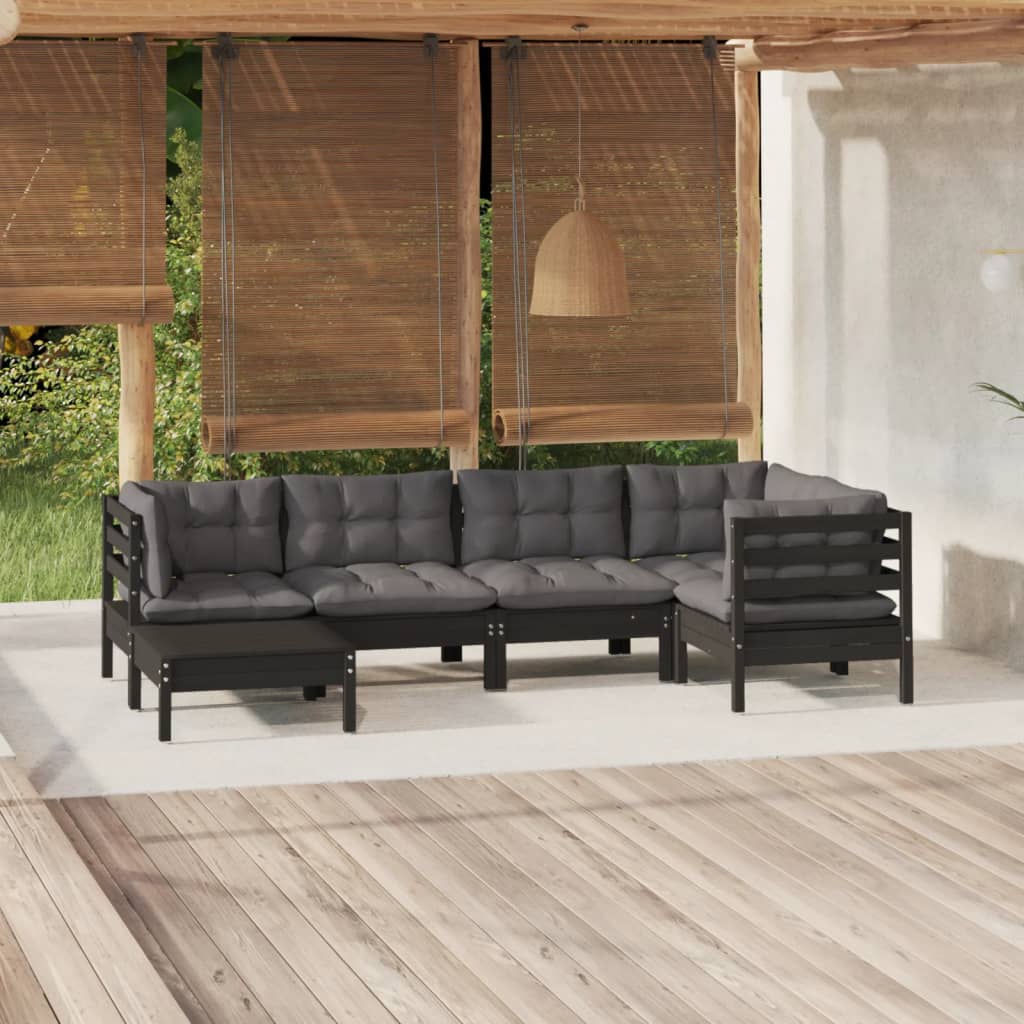 NNEVL 6 Piece Garden Lounge Set with Cushions Black Solid Pinewood-0