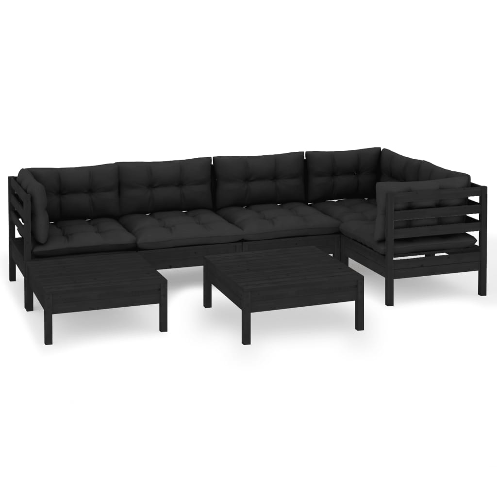NNEVL 7 Piece Garden Lounge Set with Cushions Black Solid Pinewood-1